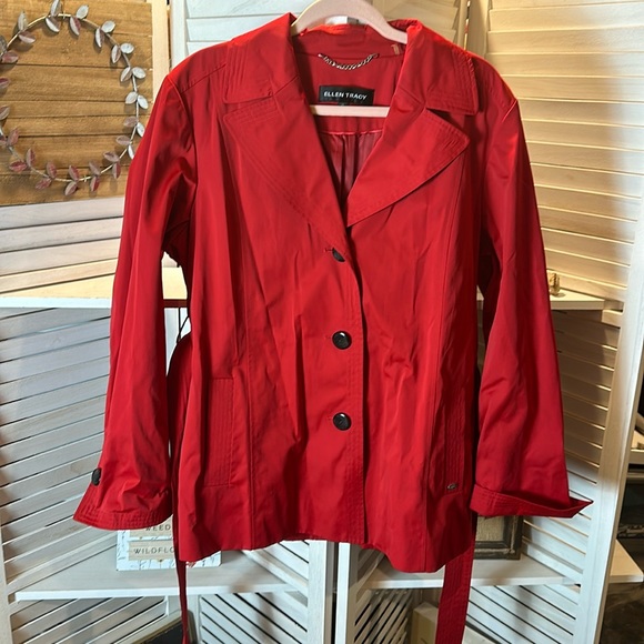 Ellen Tracy Jackets & Blazers - Red Ellen Tracy Trench Coat with Belt and Pockets